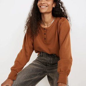 NWT - Madewell Henley Puff-Sleeve Sweatshirt, Warm Coffee, Size XXS (Fits S)